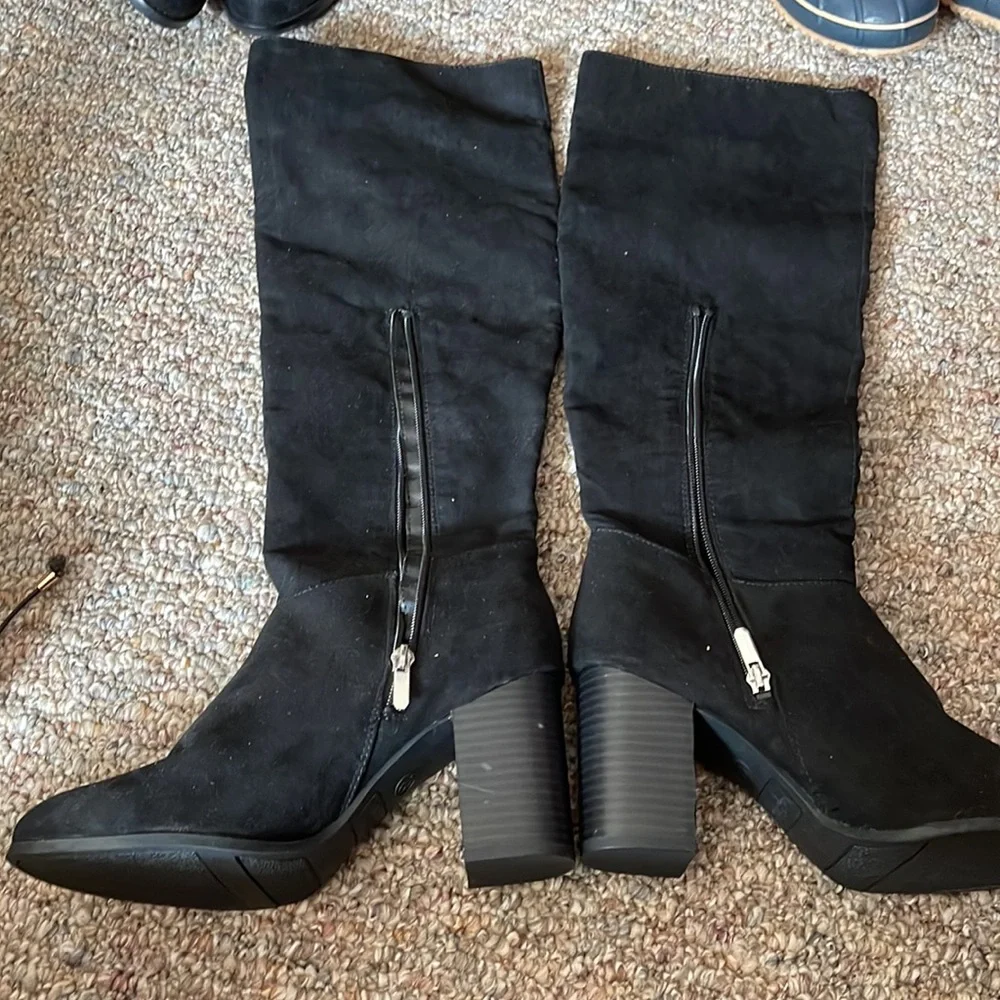 Libby Edelman Black Over the Knee Boots with Red Floral Embroidery